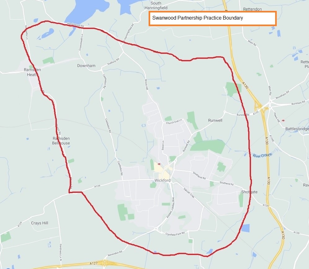 Practice Boundary Swanwood Partnership, Applewood Surgery, Wickford Health Centre, Market Av, Wickford, SS12 0AG